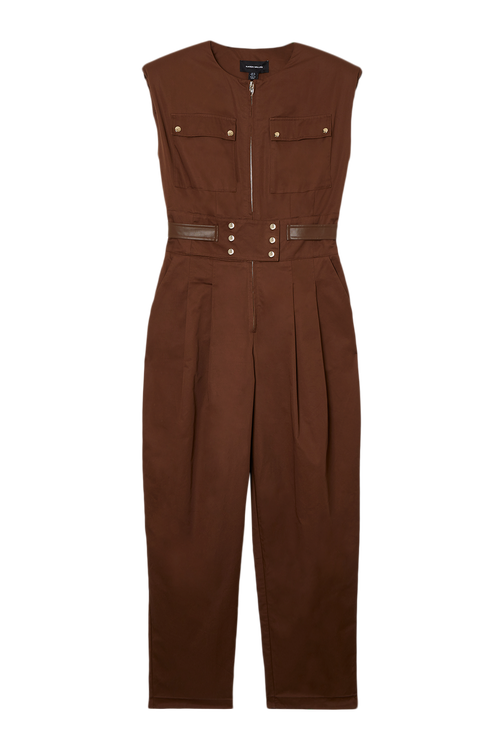 Karen Millen Cotton & Faux Leather Utility Jumpsuit In Brown