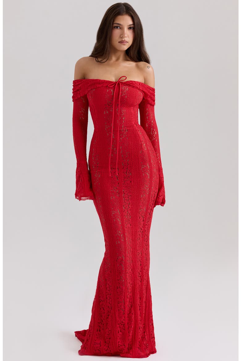 Belle Off the Shoulder Long Sleeve Mermaid Gown, Alternate, color, RED