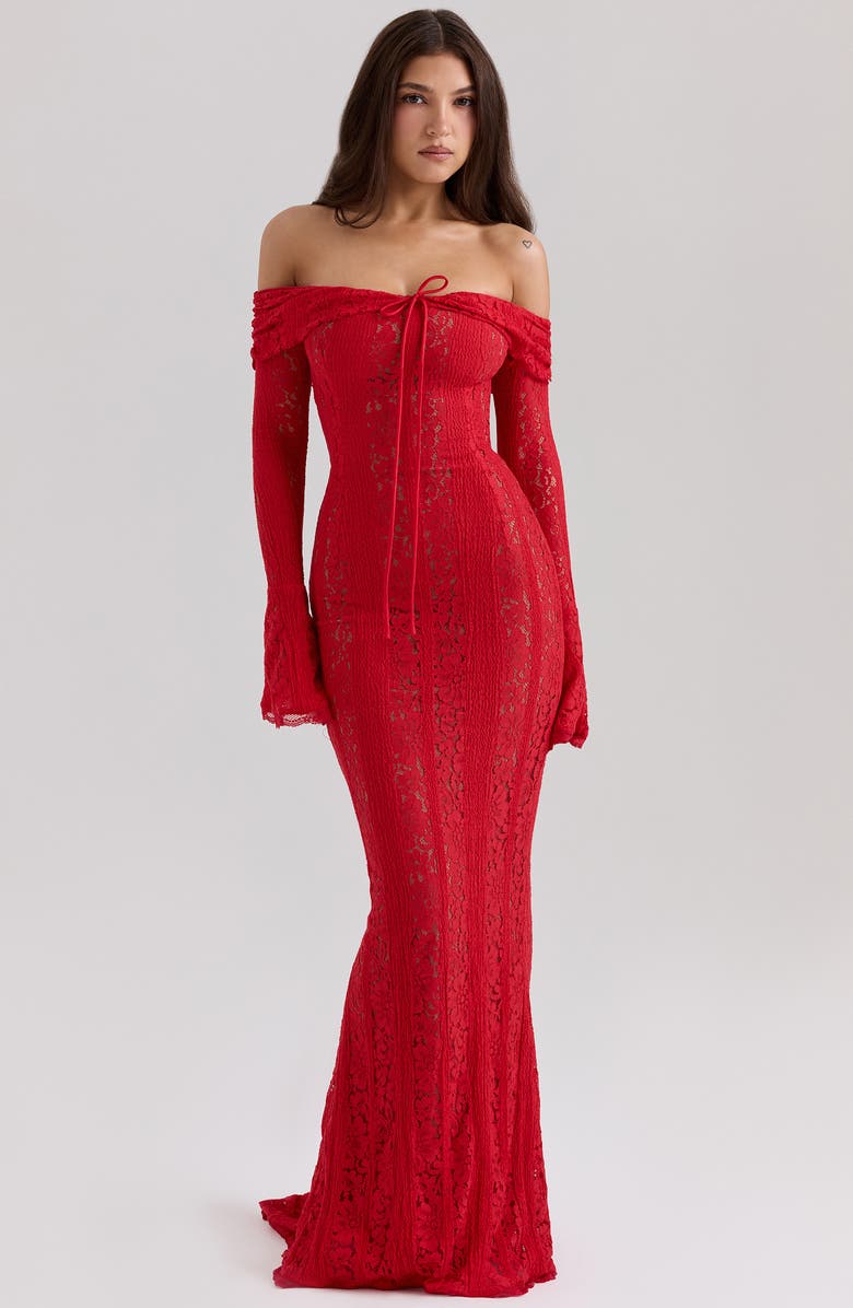 HOUSE OF CB Belle Off the Shoulder Long Sleeve Mermaid Gown, Alternate, color, Red