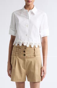 MONSE Cherry Lace Crop Stretch Cotton Button-Up Shirt