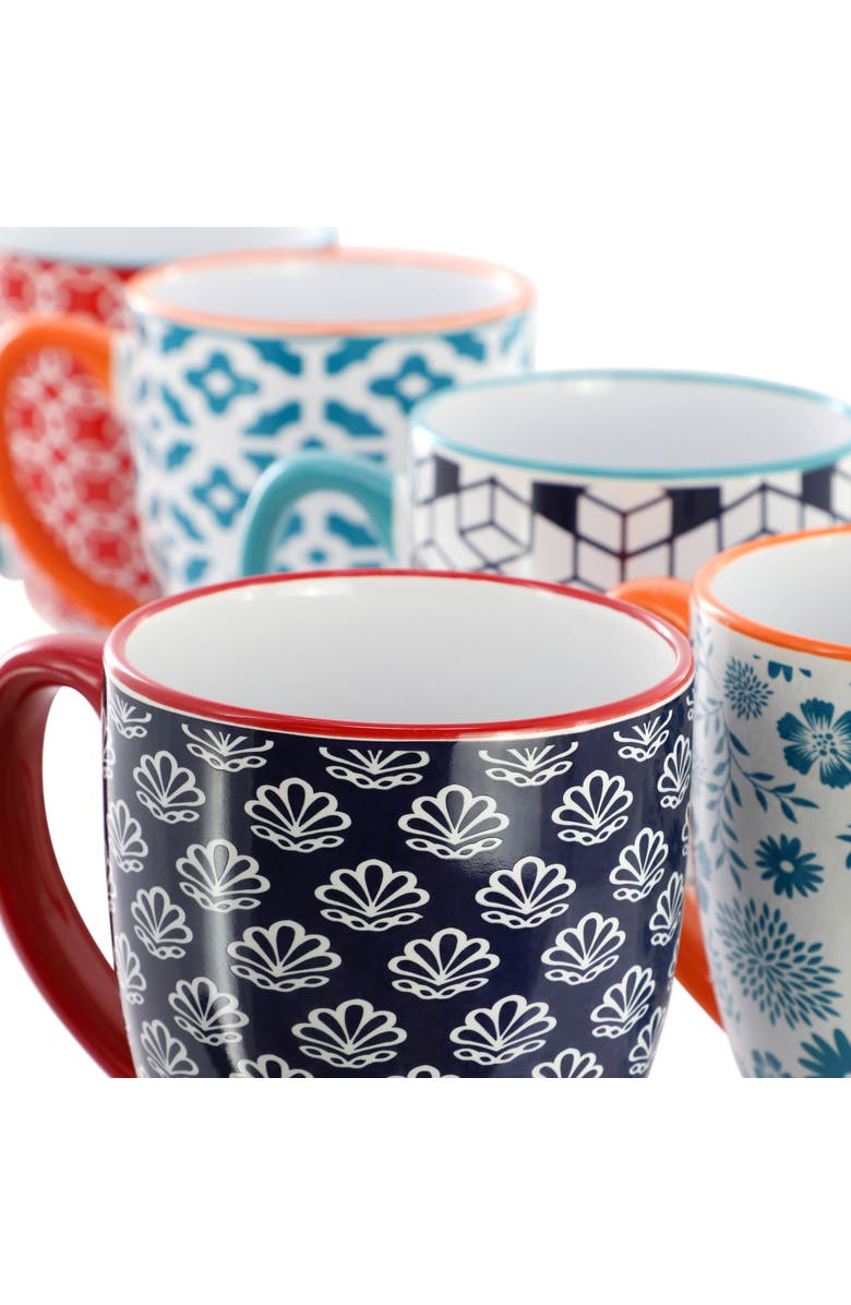 Elama Rory 6 Piece 16 Ounce Assorted Design Stoneware Mug Set, Alternate, color, Assorted