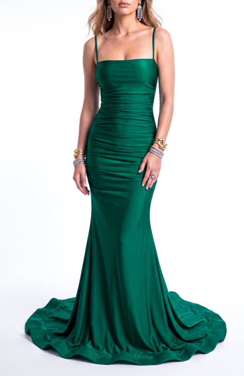 Ruched Lace-Up Back Mermaid Evening Gown