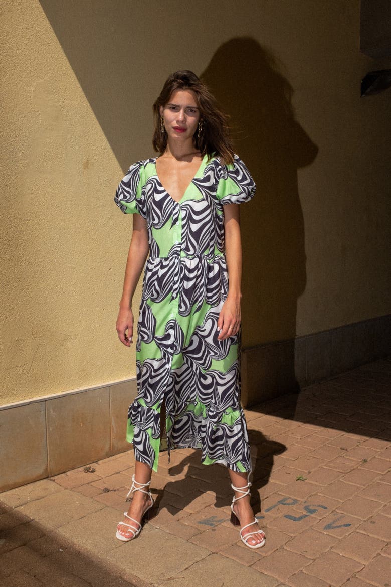 Caleo Printed Puffed-Sleeve Midi Dress, Alternate, color, Diemta