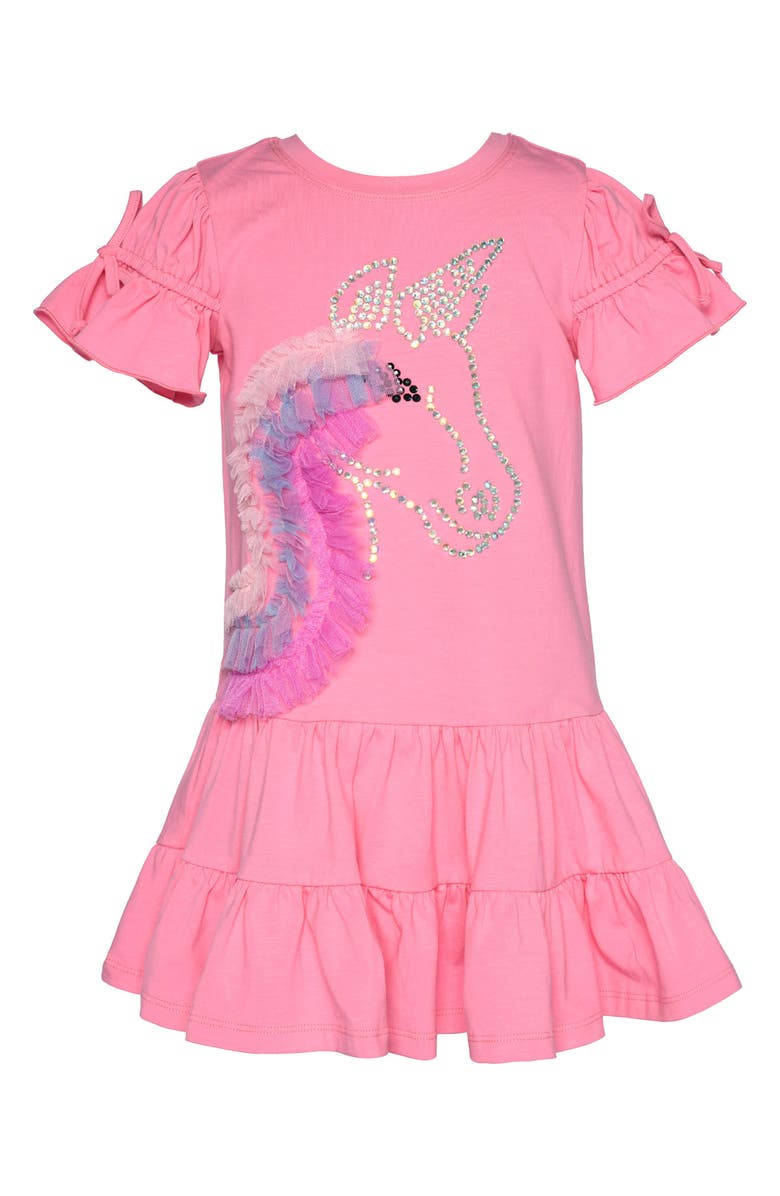 Baby Sara Kids' Unicorn Tulle Trim Tiered Stretch Cotton Party Dress, Alternate, color, Pink