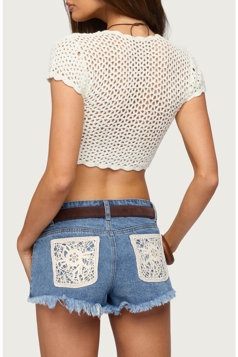 Benya Open Stitch Tie Front Crop Top, Alternate, color, CREAM