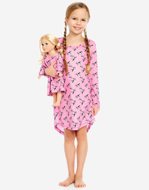 Girls Long Sleeve Nightgown with Matching Doll Nightgown, Printed Design