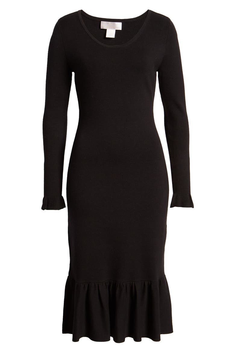 Ruffle Trim Sweater Dress, Alternate, color, BLACK