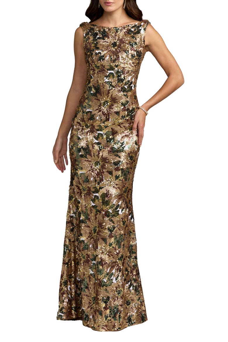 Floral Sequin Mermaid Gown with Cowl Back, Main, color, Chocolate Multi