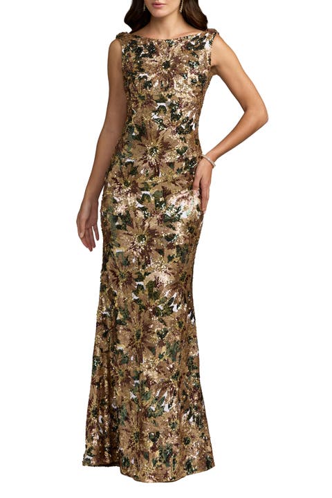 Floral Sequin Mermaid Gown with Cowl Back