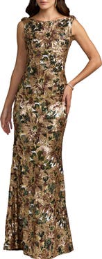 Mac Duggal Floral Sequin Mermaid Gown with Cowl Back