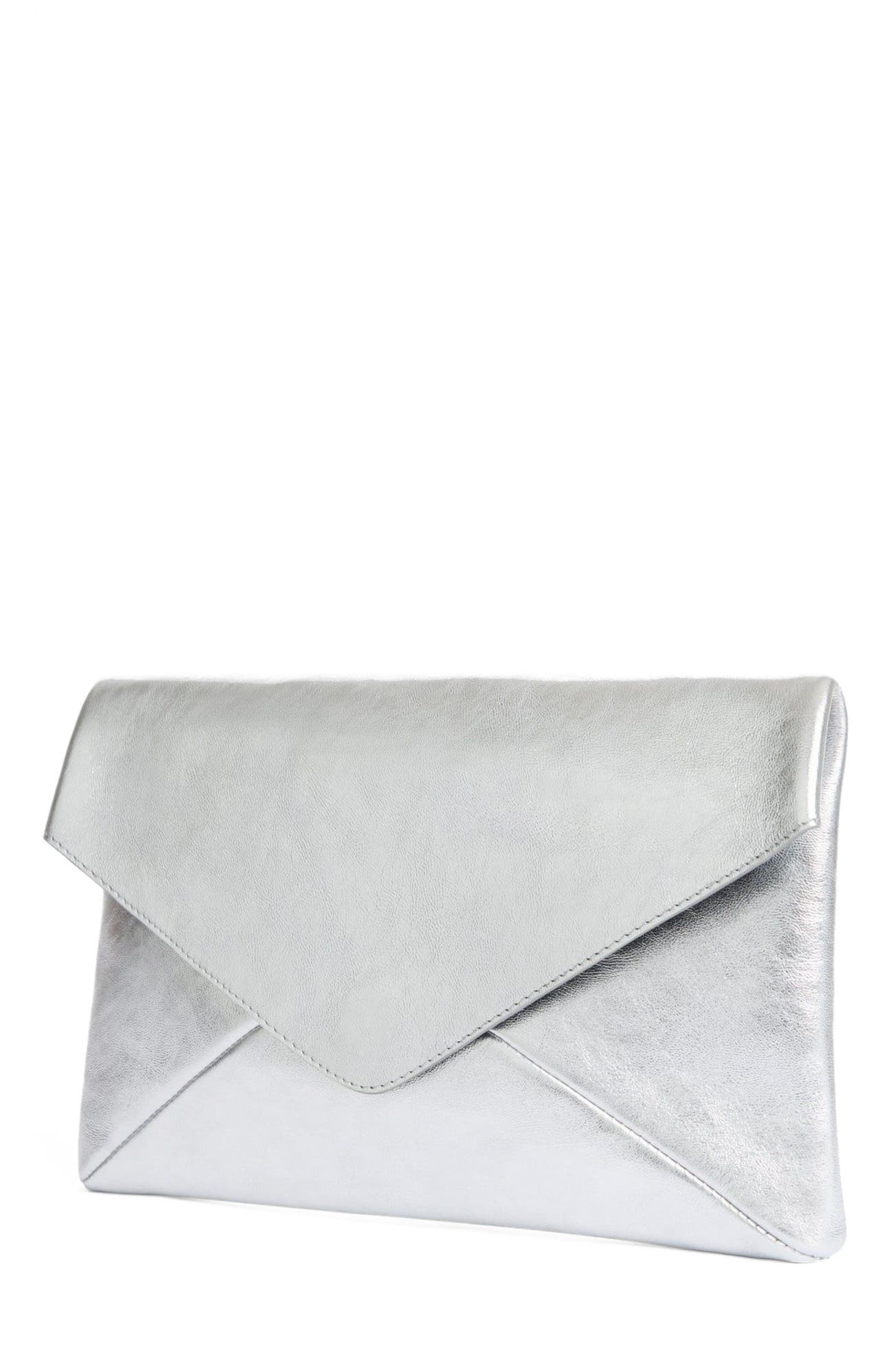 Valentina Envelope Leather Clutch, Alternate, color, Silver