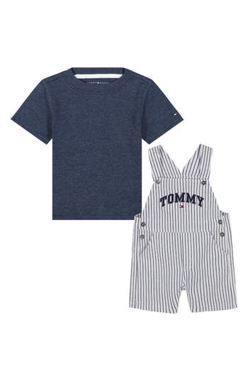 Tommy Hilfiger Baby Boy 2-piece Solid T-shirt Vertical Stripe Shortalls Set In Blue