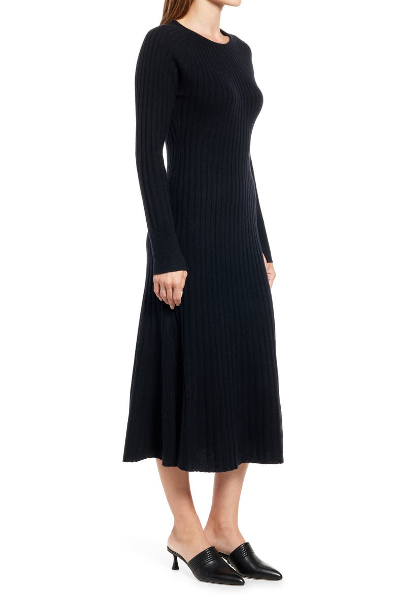 Rib Long Sleeve Midi Sweater Dress, Alternate, color, BLACK