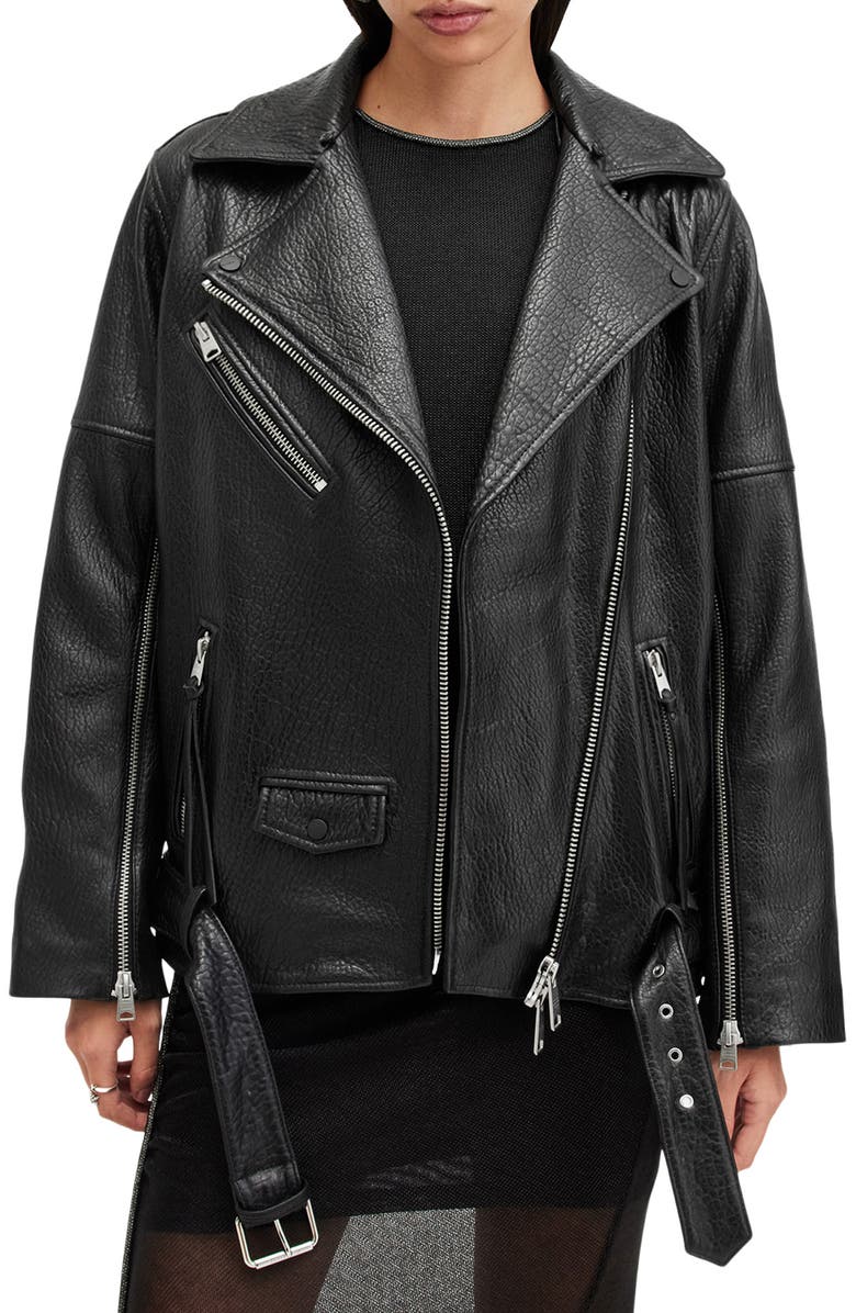 AllSaints Vendra Relaxed Fit Leather Biker Jacket, Main, color,