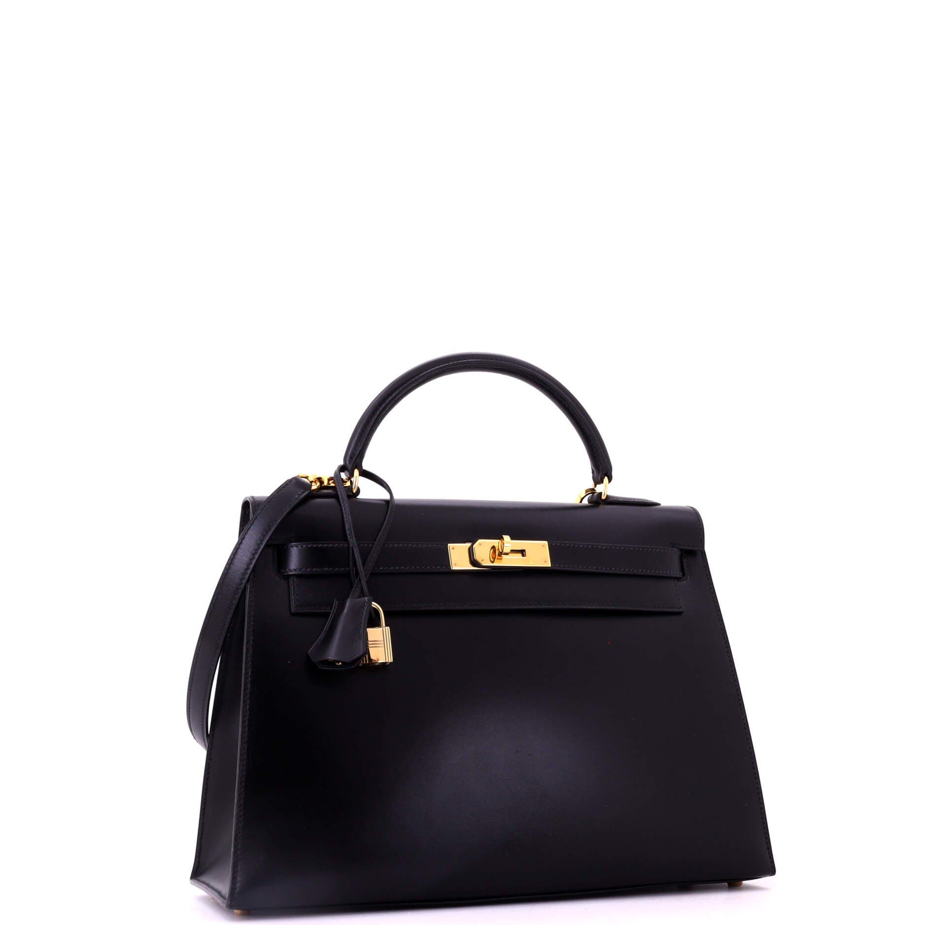 Pre-Owned Hermes Kelly Handbag Black Box Calf with Gold Hardware 32, Alternate, color, Noir