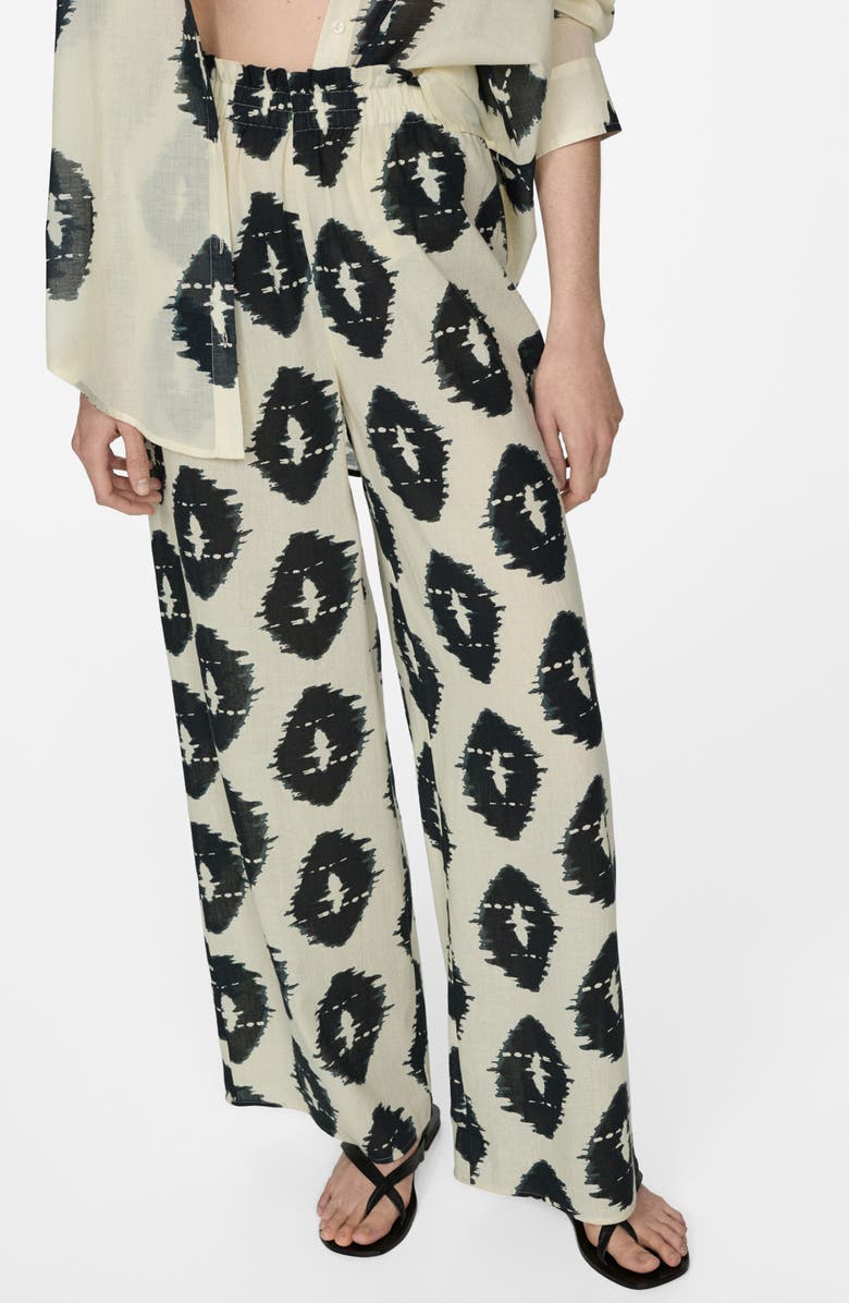 MANGO Print Cotton Pull-On Wide Leg Pants, Main, color, Ecru