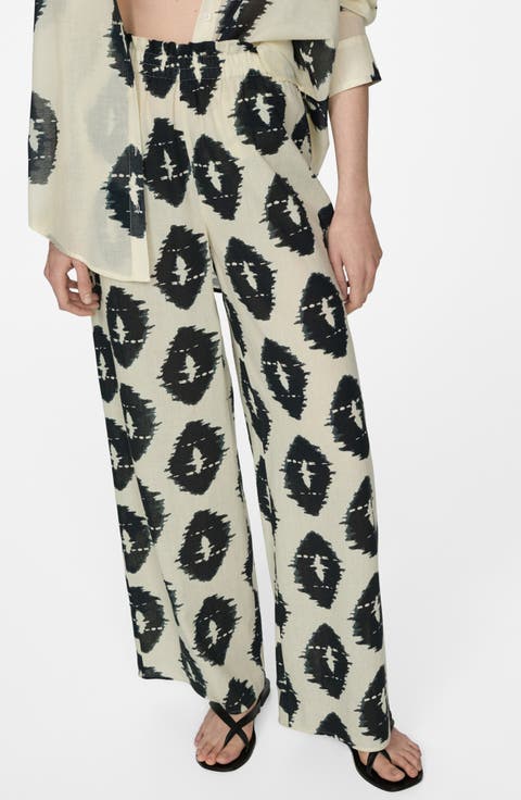 Print Cotton Pull-On Wide Leg Pants