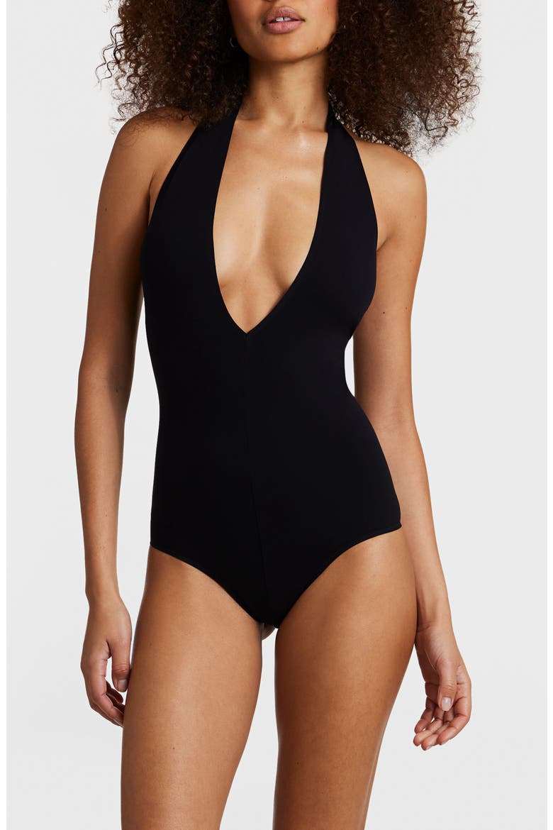 Plunge Halter Neck Bodysuit, Main, color, BLACK
