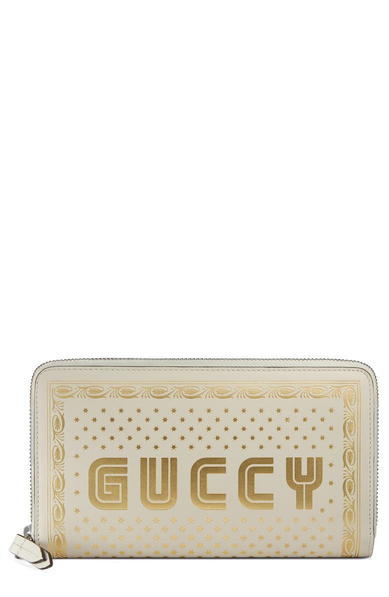 Gucci Guccy Logo Moon & Stars Leather Zip Wallet, Main, color, 