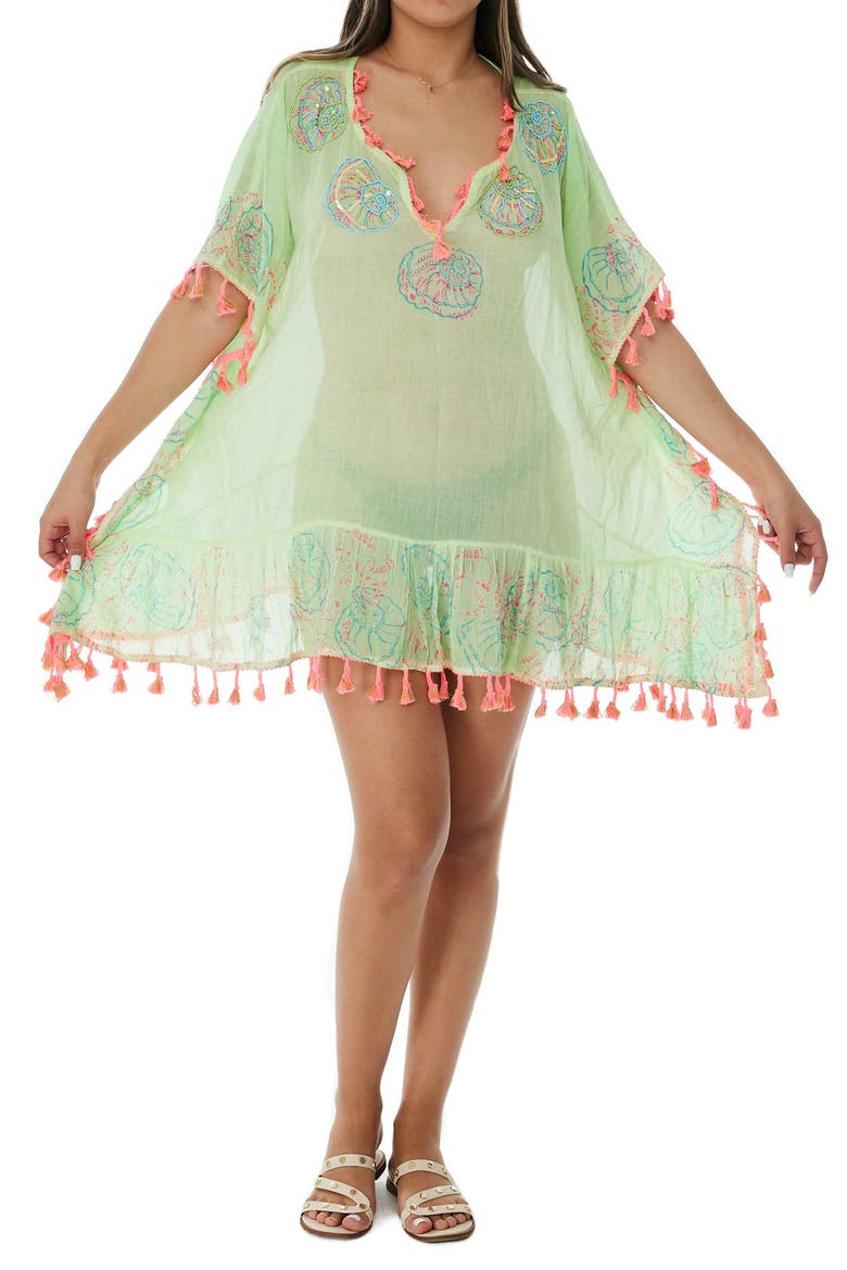 Embroidered Cotton Short Poncho, Alternate, color, GREEN