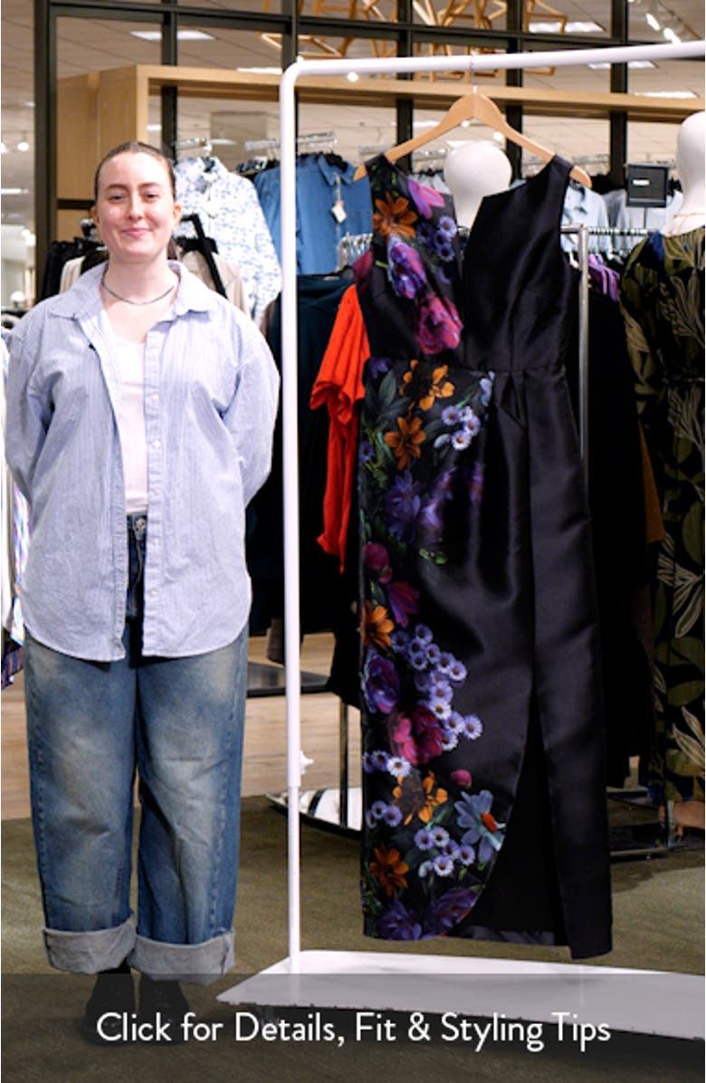 Helene Placed Floral Print Column Gown, sales video thumbnail