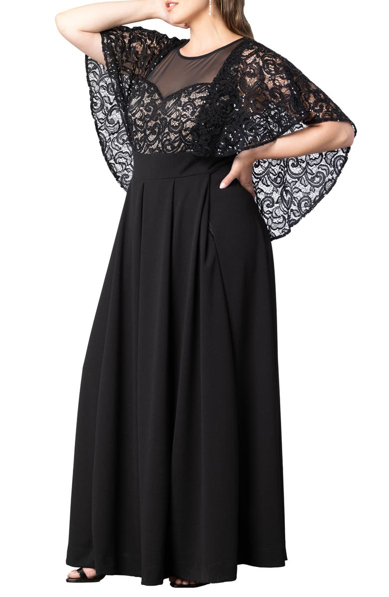 Kiyonna Sequin Lace Cape Jumpsuit, Alternate, color, Black/ Nude