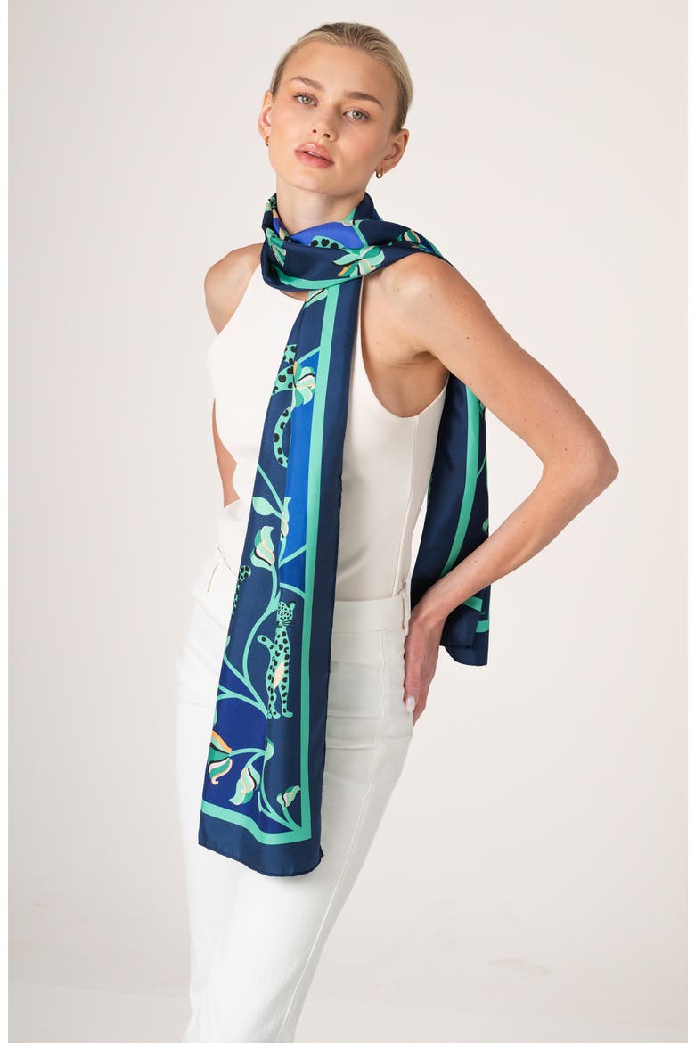 Leopards In The Verdant Wild Oblong Silk Scarf, Alternate, color, Blue