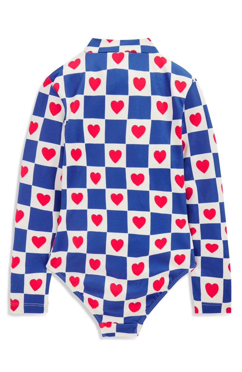 Mini Boden Kids' Long Sleeve One-Piece Swimsuit, Alternate, color, Bluejay Heart Stamp