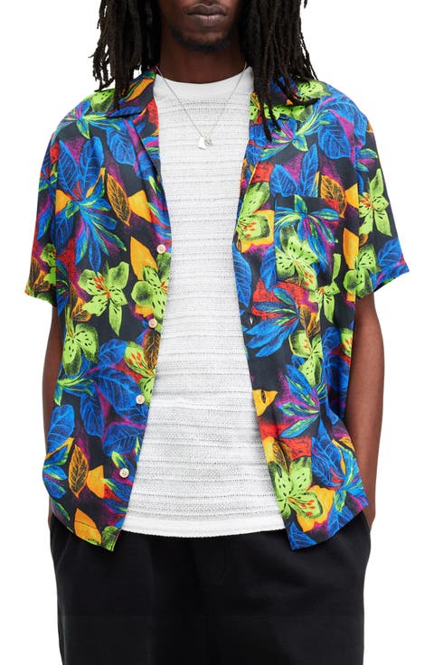 Goldfarb Floral Convertible Collar Camp Shirt