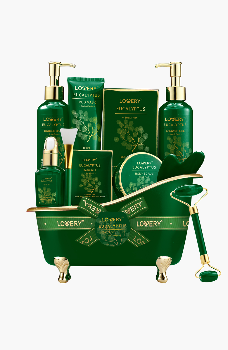Lovery Luxury Holiday Basket Spa Kit, Eucalyptus Stress Relief Bath and Body Care, Main, color, Dark Green