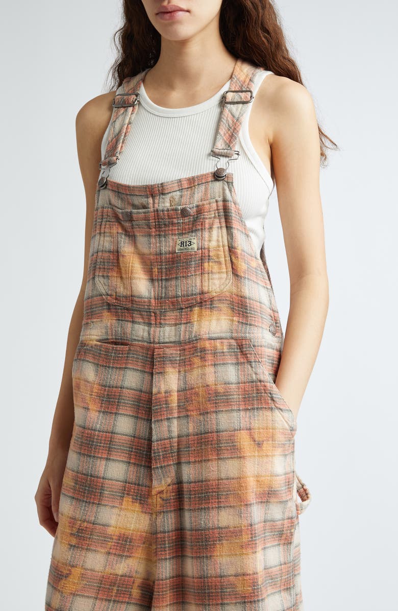 R13 Bleached Plaid Crop Jumbo Overalls, Alternate, color,