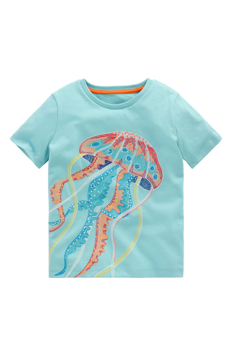 Mini Boden Kids' Jellyfish Embroidered Glow in the Dark Cotton Graphic T-Shirt, Main, color, Blue Jellyfish
