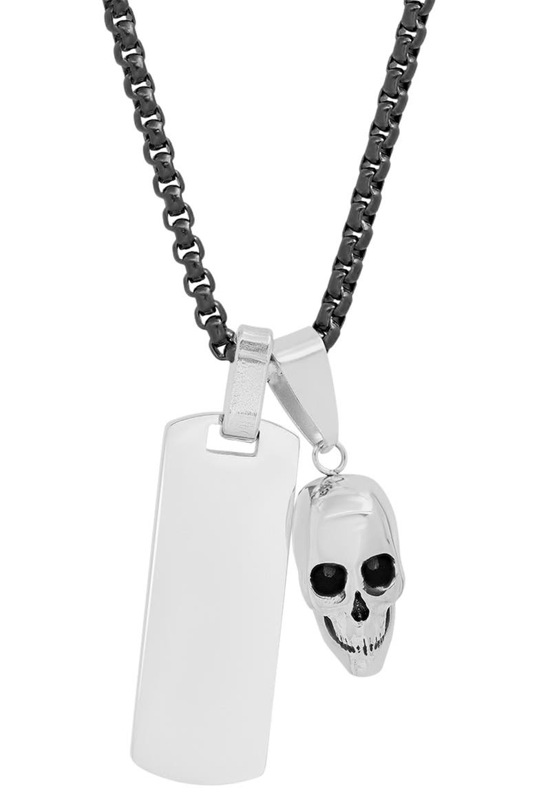 Two-Tone Stainless Steel Skull & Dog Tag Pendant Necklace, Main, color, METALLIC-BLACK