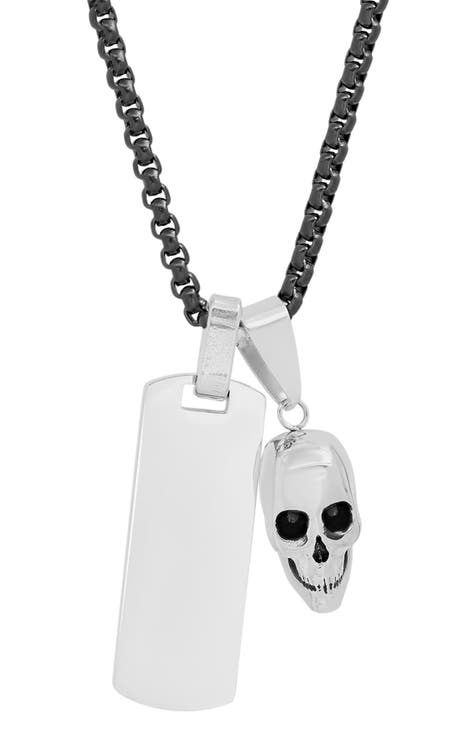 Two-Tone Stainless Steel Skull & Dog Tag Pendant Necklace