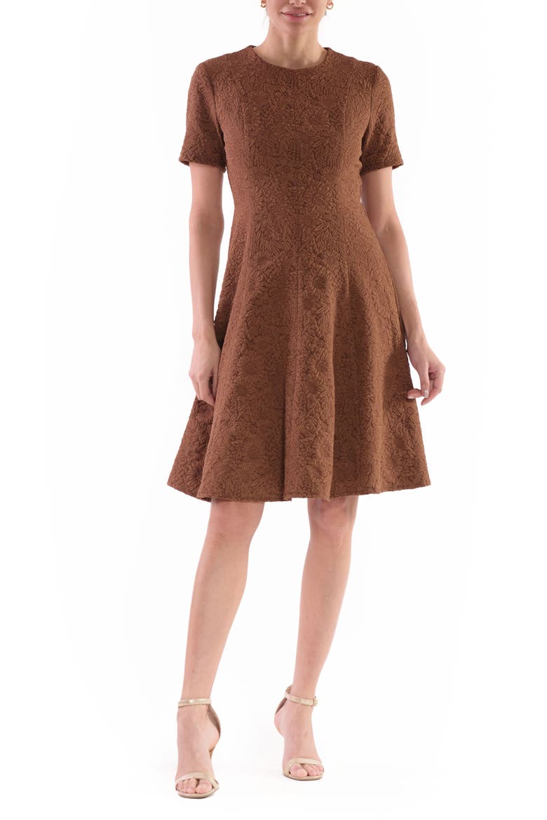 Floral Jacquard Fit & Flare Dress, Main, color, COCOA