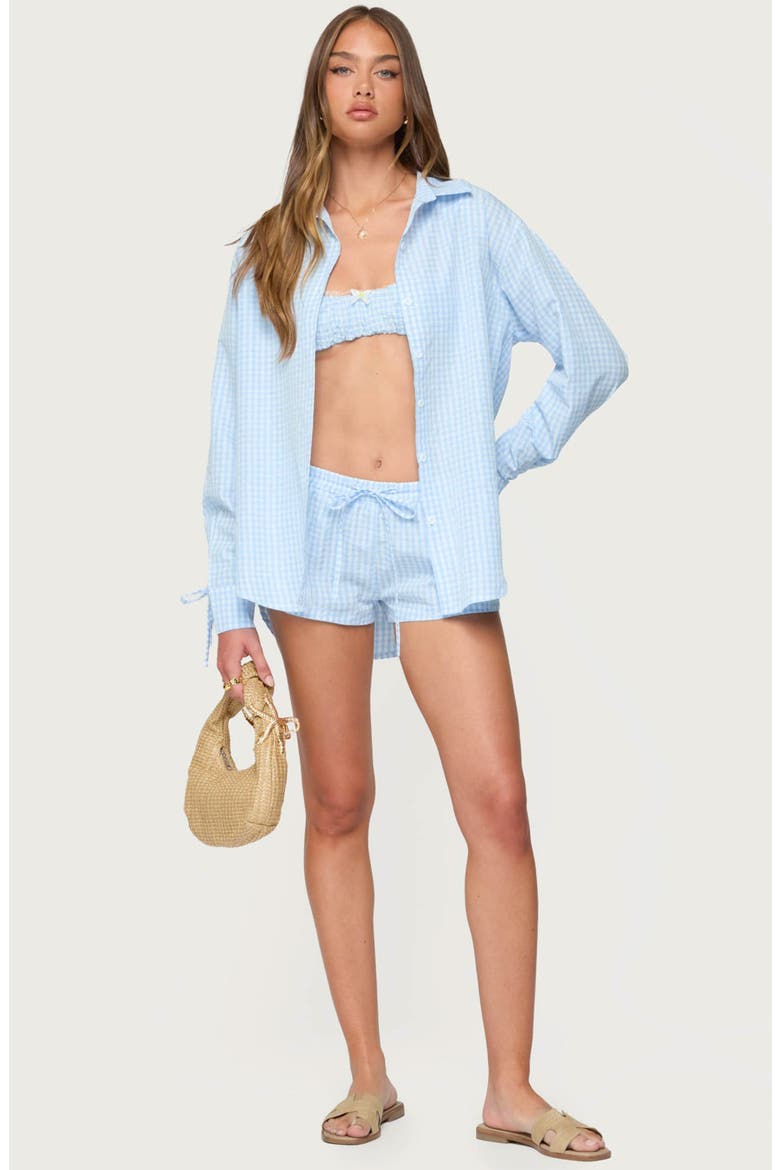 Yaffa Gingham Oversize Seersucker Button-Up Shirt, Alternate, color, LIGHT-BLUE