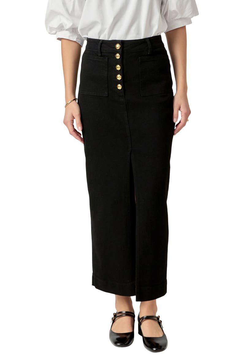 Exposed Button Fly Denim Midi Skirt, Main, color, BLACK DENIM