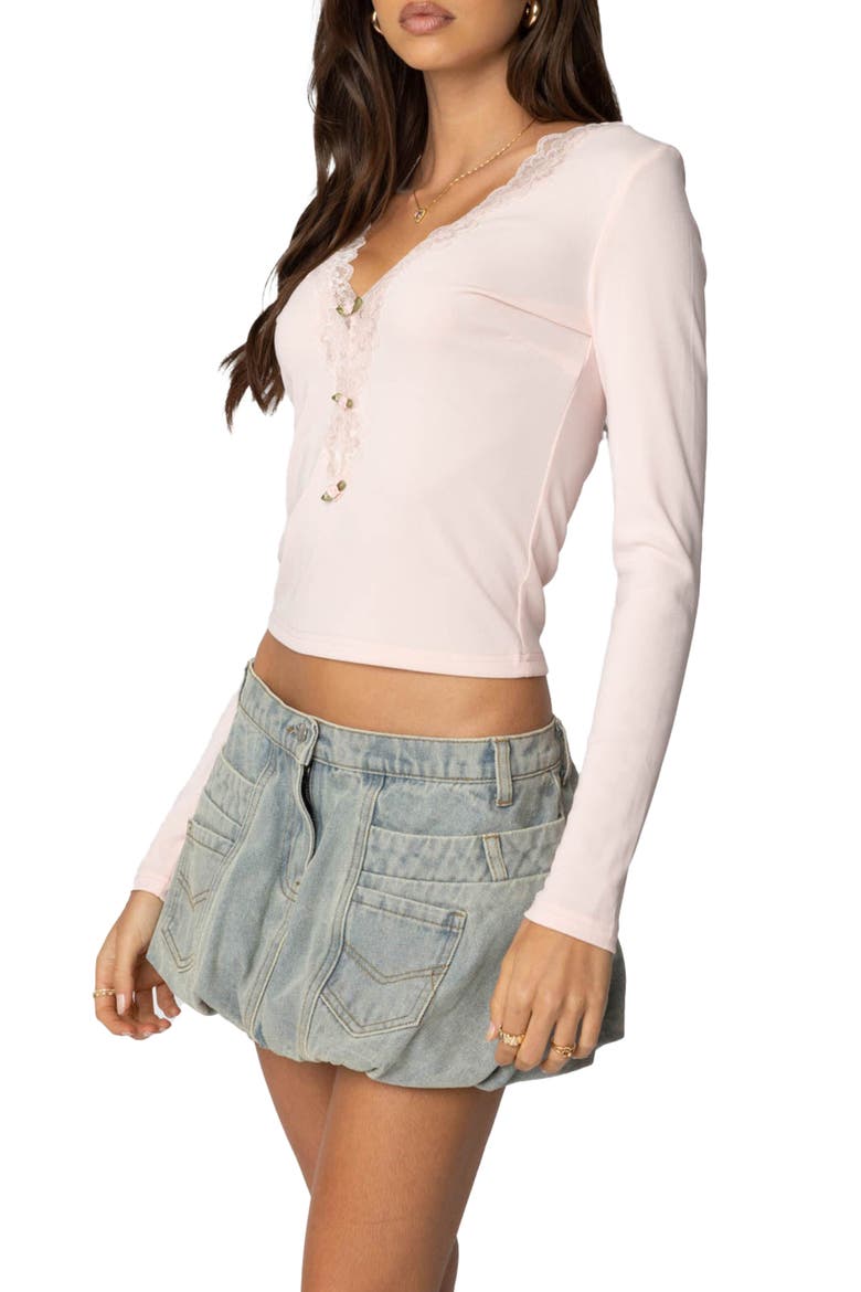 Madeline Lace Trim Rib Long Sleeve Top, Alternate, color, PINK