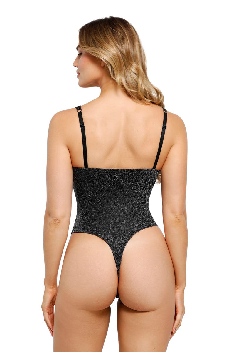 Popilush Shapewear Ruched Metallic Knit Square Neck Slimming Bodysuit, Alternate, color, Jet Black