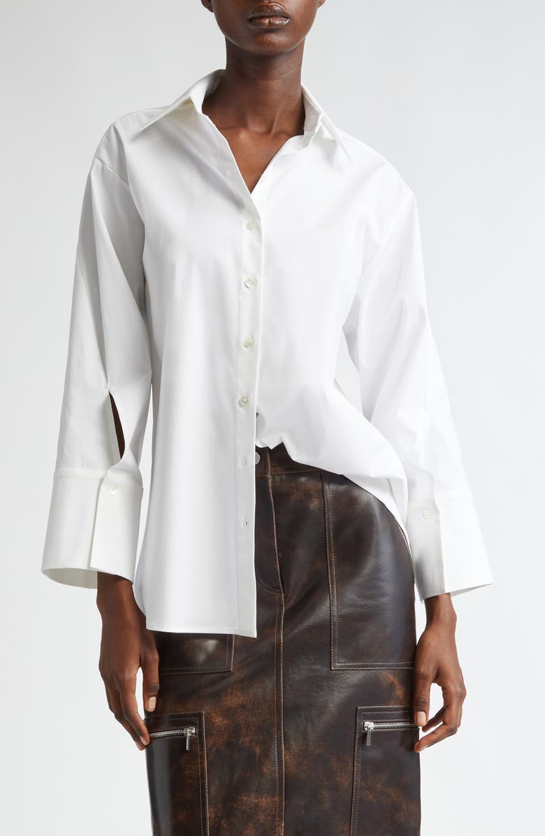 Michael Kors Collection Spiral Sleeve Cotton Stretch Poplin Button-Up Shirt, Main, color, Optic White