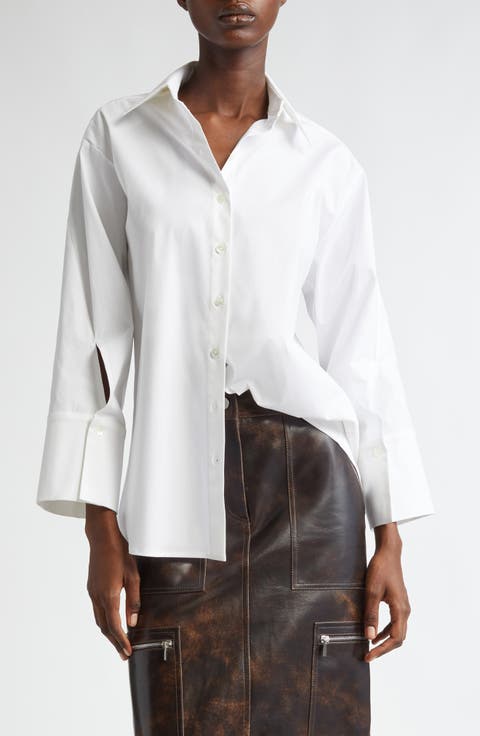Spiral Sleeve Cotton Stretch Poplin Button-Up Shirt