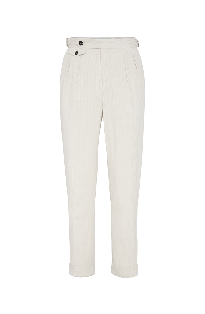 Brunello Cucinelli Comfort cotton and cashmere corduroy tailor fit trousers with reversed double pleats and waist tabs, Main, color, 