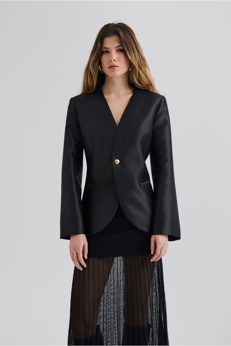 Nori Fitted Heavy Satin Blazer, Main, color, Black