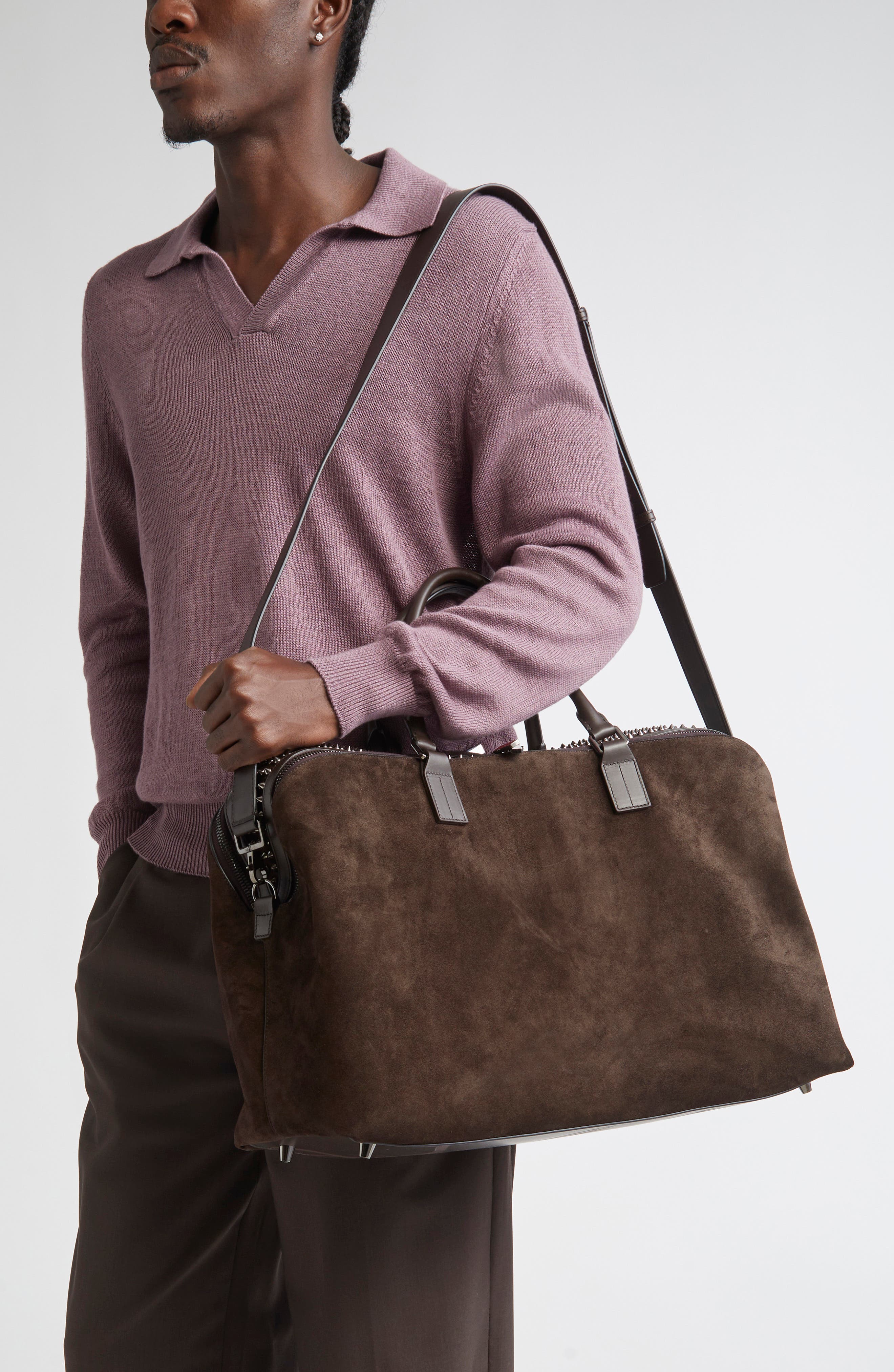 Christian Louboutin Funky Empire Spike Suede Weekend Bag, Alternate, color, Cafe/ Gun Metal