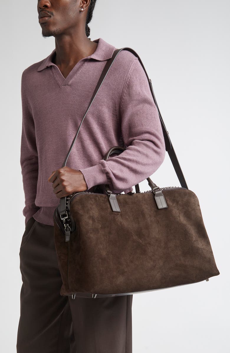 Christian Louboutin Funky Empire Spike Suede Weekend Bag, Alternate, color, Cafe/ Gun Metal