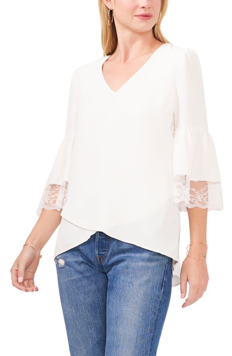Vince Camuto Tiered Lace Ruffle Sleeve Top, Main, color, 