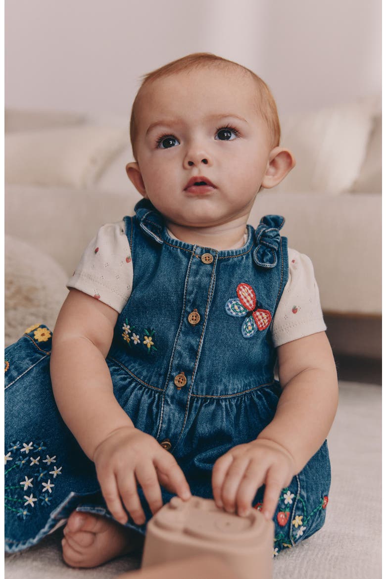 Embroidered Denim Dress & Strawberry Bodysuit Set, Alternate, color, BLUE