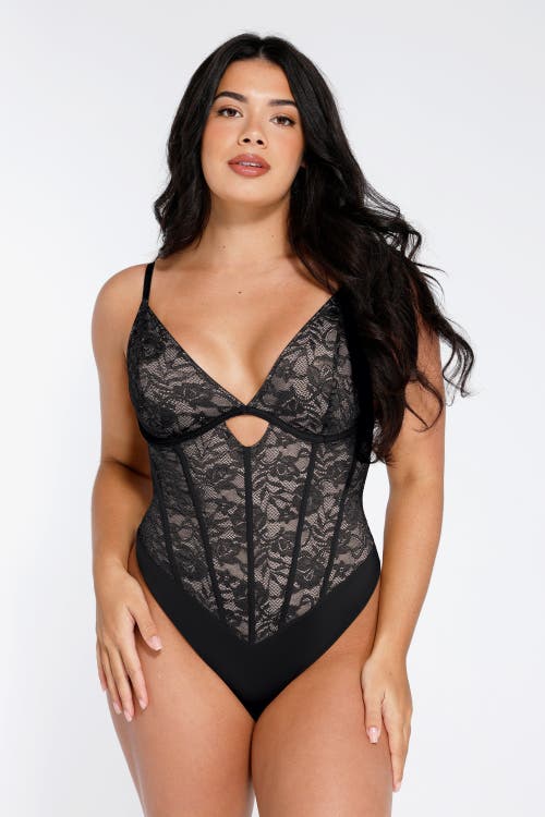 Popilush Shapewear Cutout Corset Hourglass Sculpting Lace Bodysuit In Charcoal Black