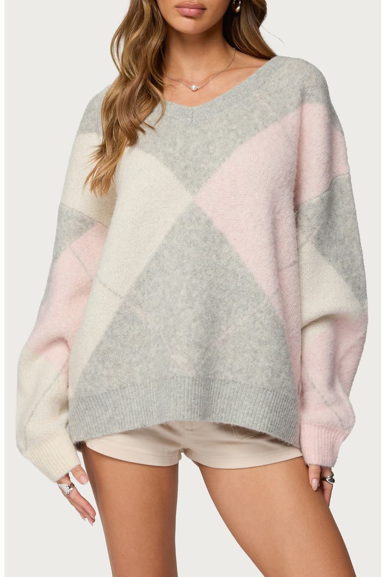 Elda Argyle Oversize Sweater, Main, color, LIGHT-GRAY-MELANGE