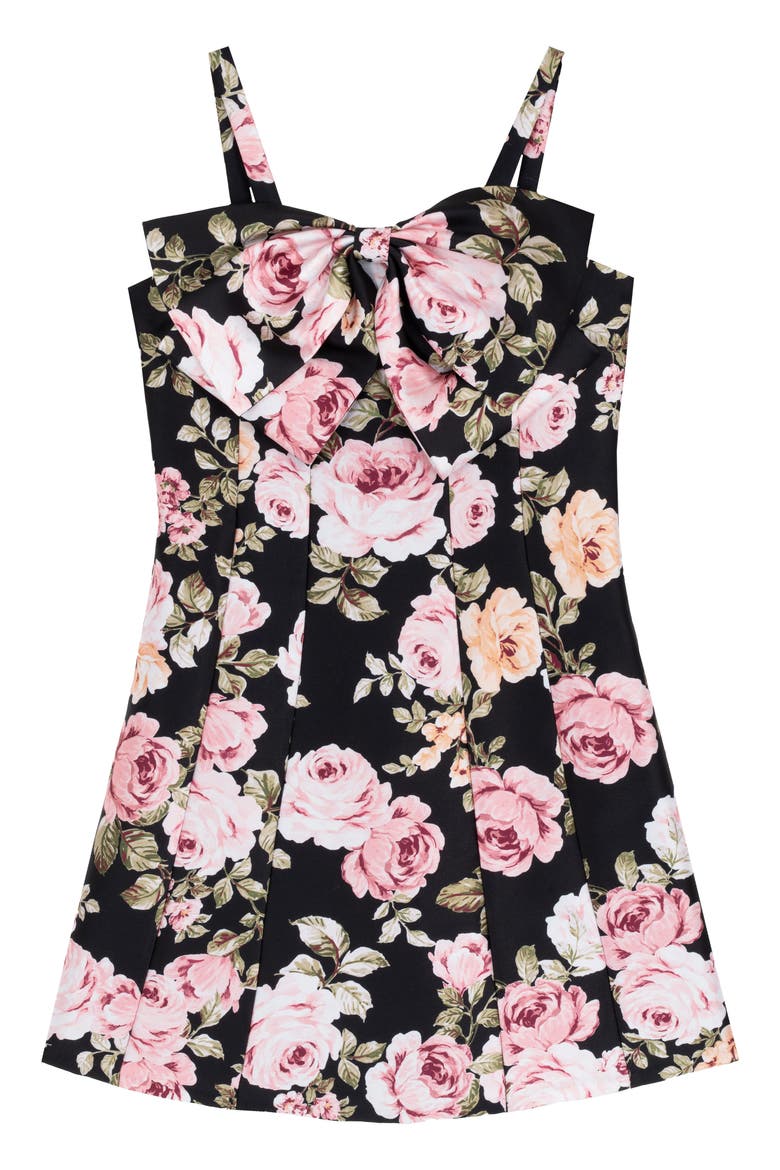 Kids' Floral Bow Paneled Mikado Fit & Flare Dress, Main, color, BLACK
